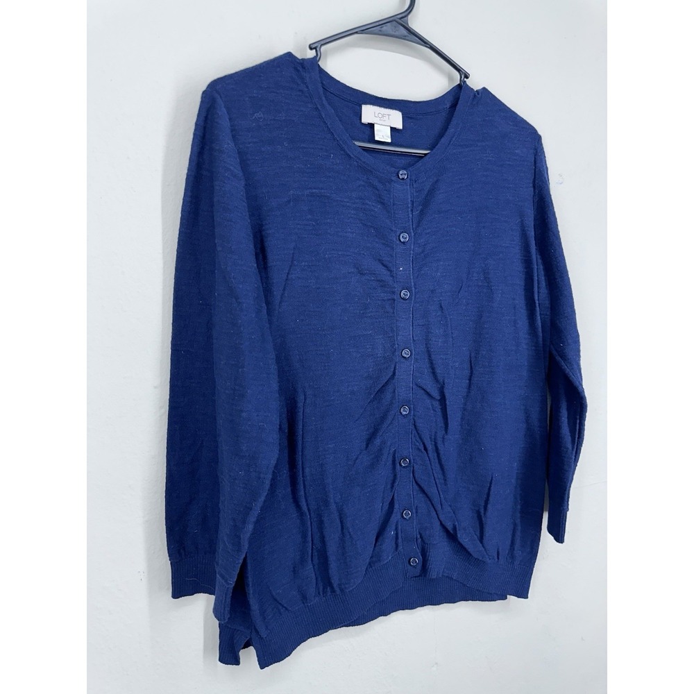 LOFT Cardigan LARGE Navy Blue 3/4 Sleeve Lightweight Button Front Sweater Office - Picture 2 of 11